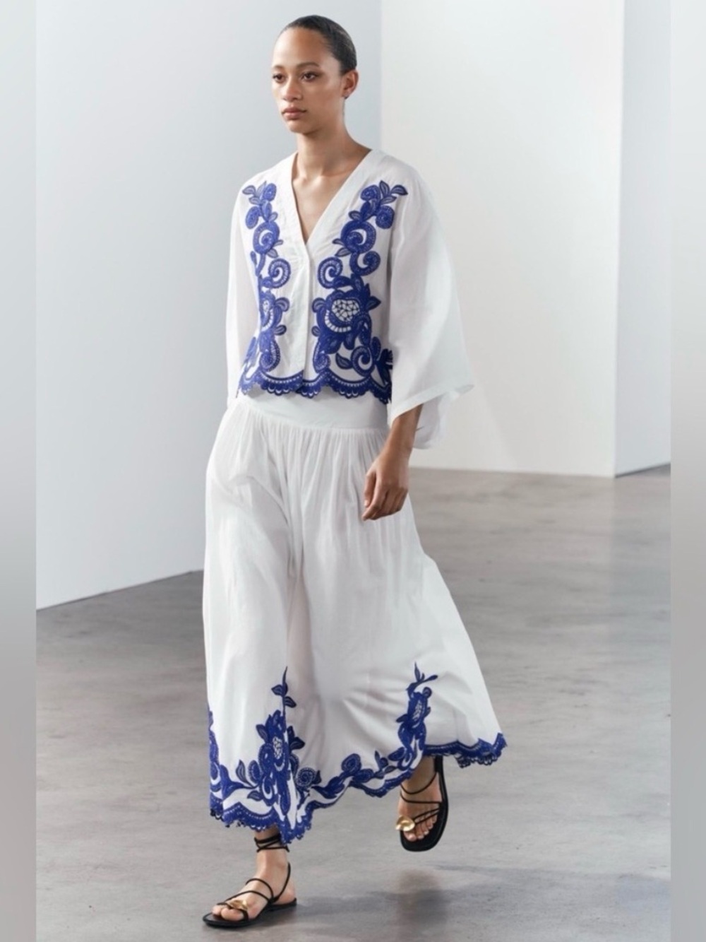 Zara White Wide-Leg Pants & Top Set with Blue Embroidery